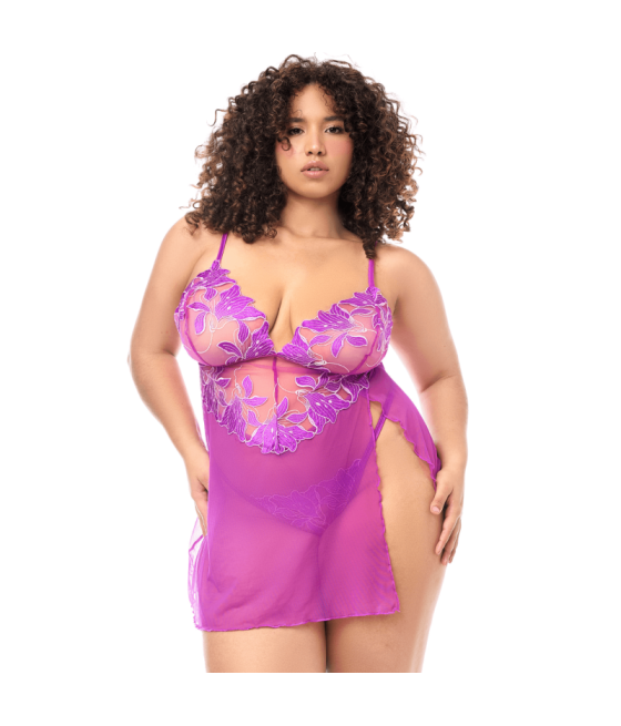 Babydoll grande taille en résille brodée florale et string 