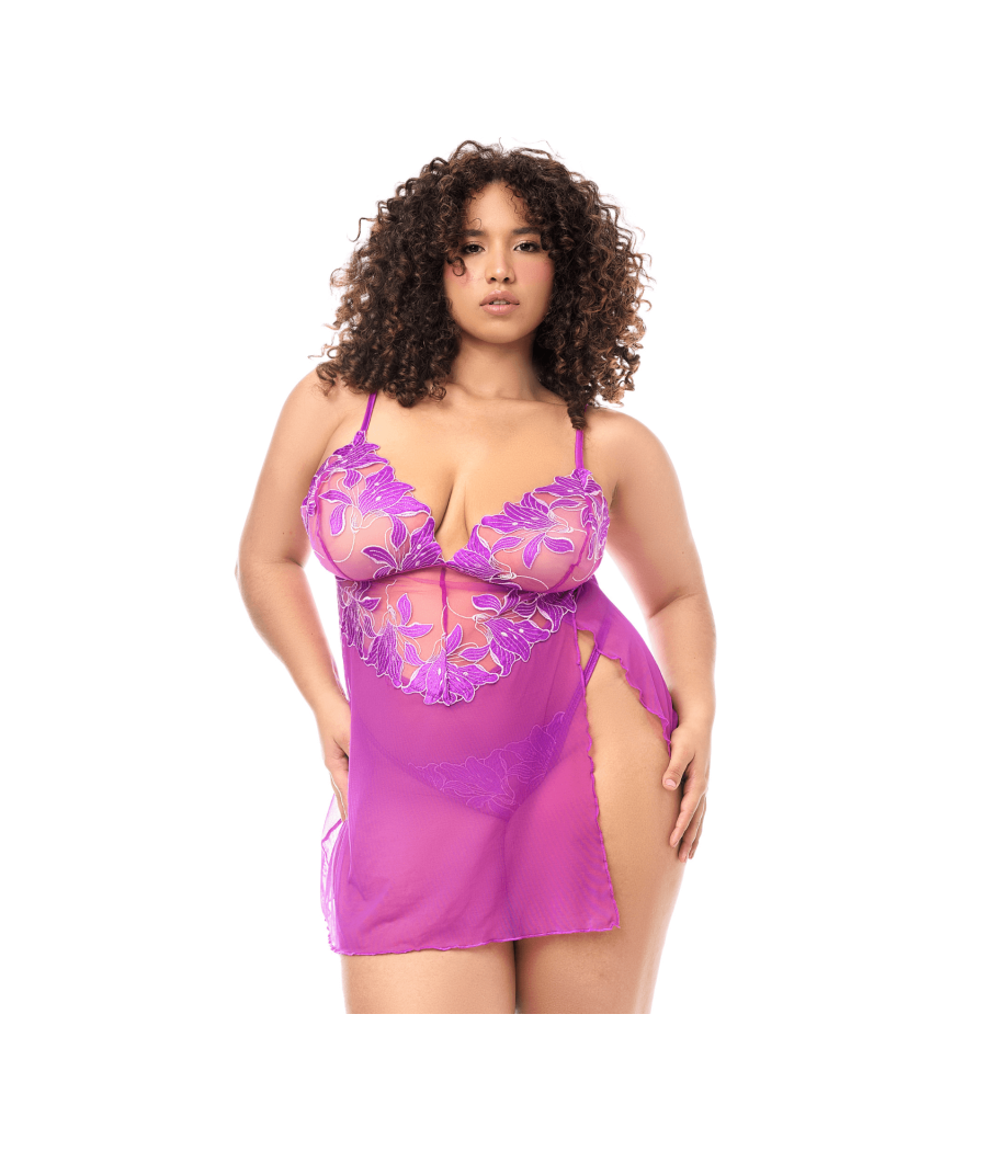 Babydoll grande taille en résille brodée florale et string 