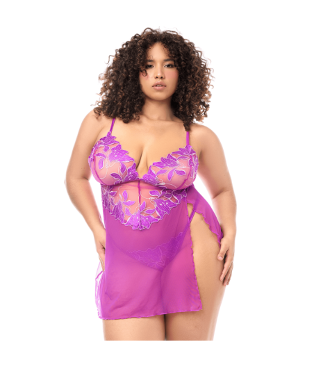 Babydoll grande taille en résille brodée florale et string 