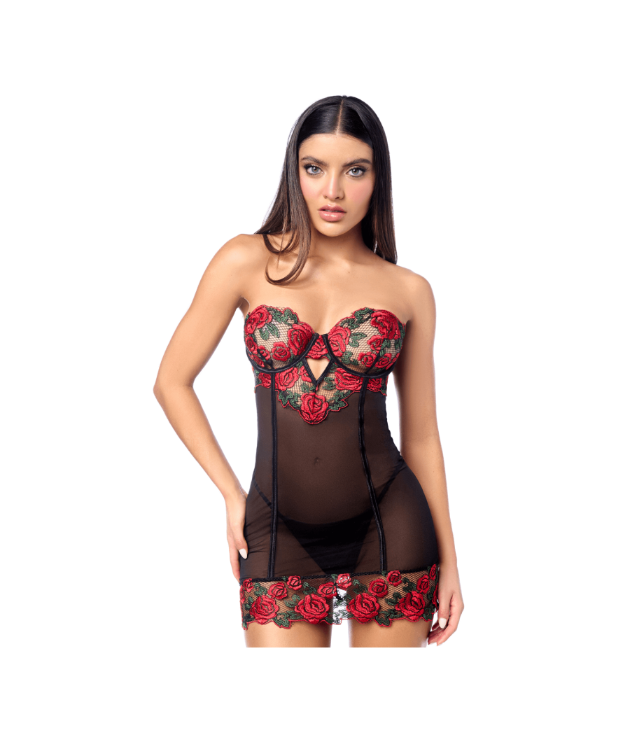 Babydoll sexy à armatures Mapalé broderie roses et string 
