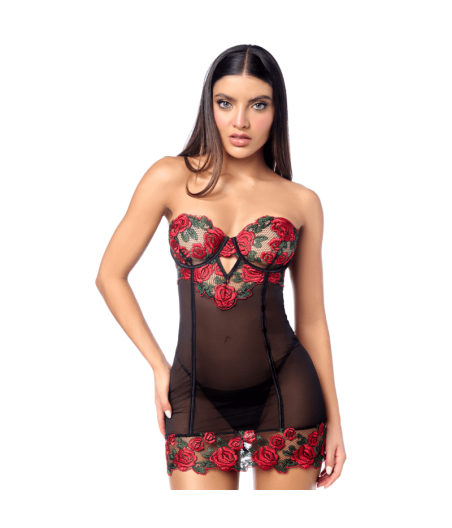 Babydoll sexy à armatures Mapalé broderie roses et string 
