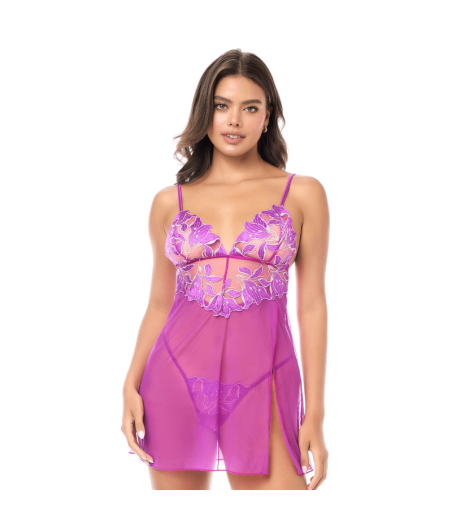 Babydoll sexy en résille brodée florale et string 