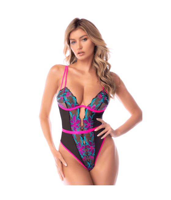 Body bleu et rose en maille transparente brodée avec sequins – Mapalé
