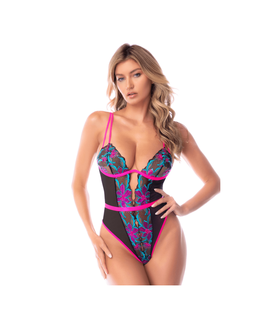 Body bleu et rose en maille transparente brodée avec sequins – Mapalé