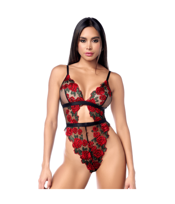 Teddy taille haute en résille noire brodée de roses avec ceinture