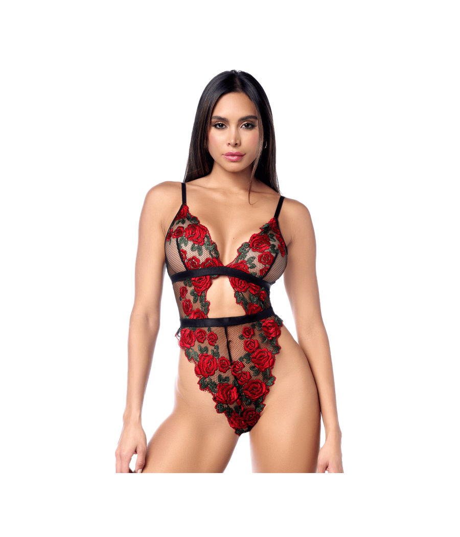 Teddy taille haute en résille noire brodée de roses avec ceinture
