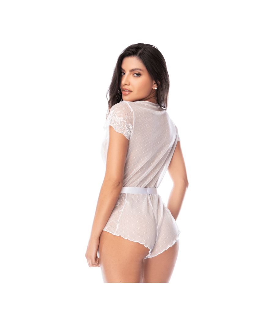Combishort blanc en dentelle transparente avec ceinture – Mapalé