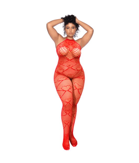 Bodystocking grande taille en résille rouge à motif cœur, orné de strass, ouvert à l’entrejambe - Mapalé