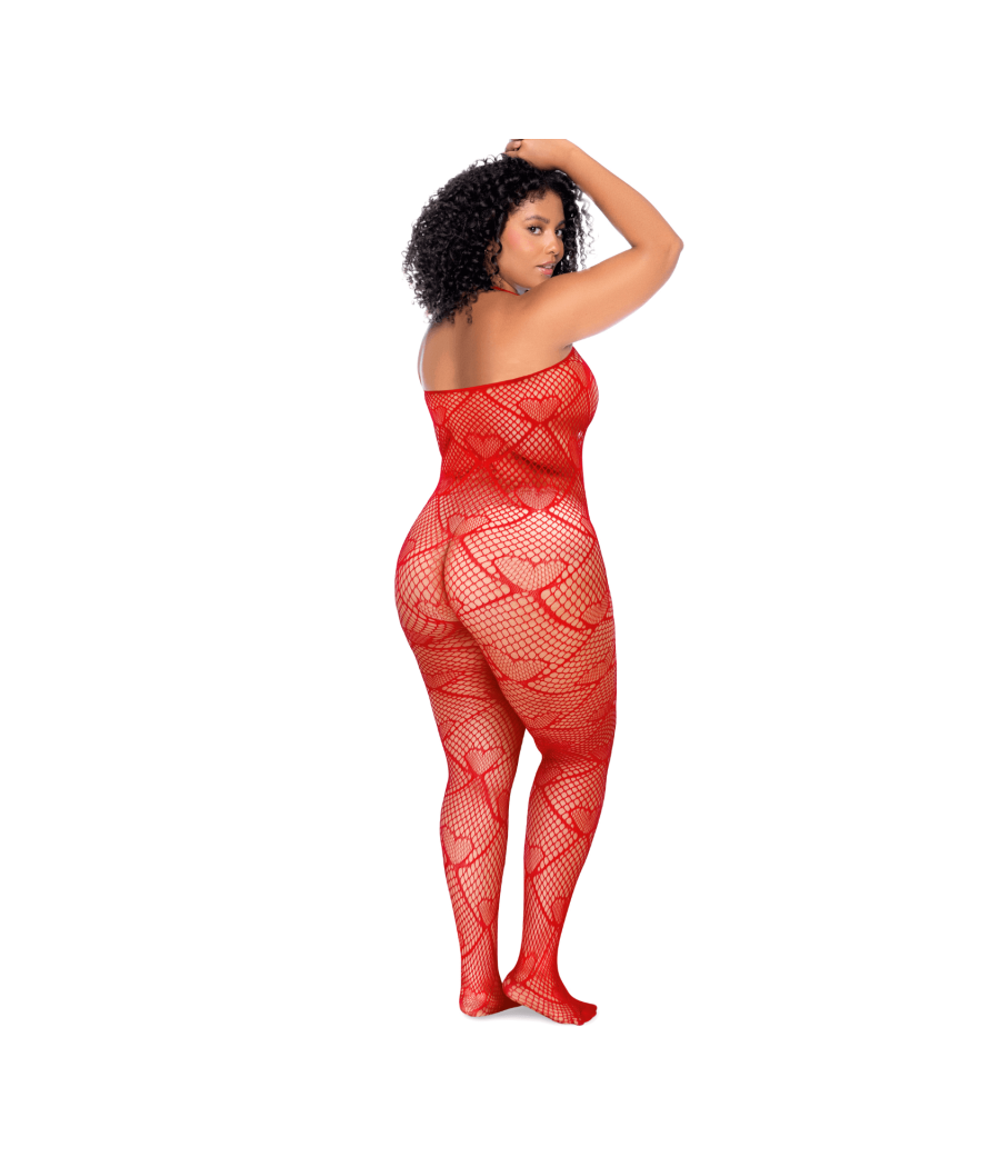 Bodystocking grande taille en résille rouge à motif cœur, orné de strass, ouvert à l’entrejambe - Mapalé