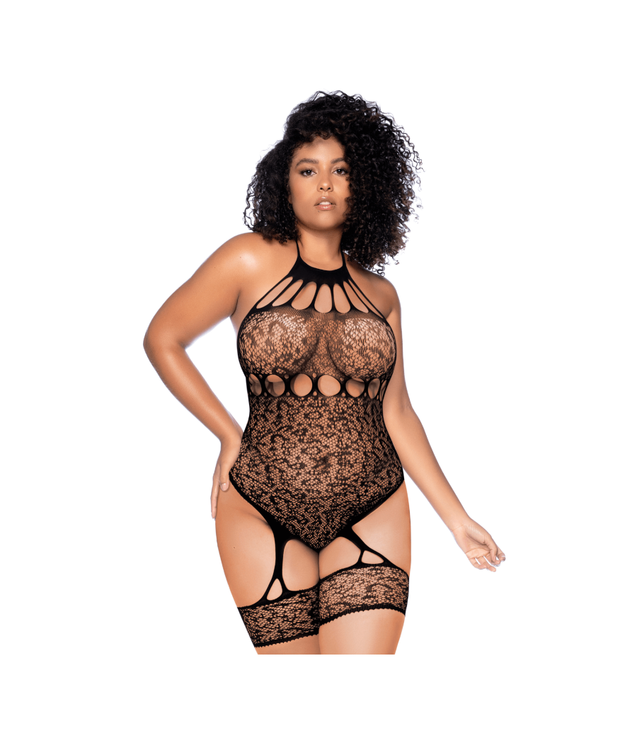 Body grande taille en résille léopard noir à tour de cou et jarretières intégrées - Mapalé