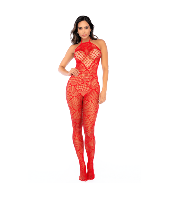 Bodystocking en résille rouge à motif cœur, orné de strass, ouvert à l’entrejambe - Mapalé