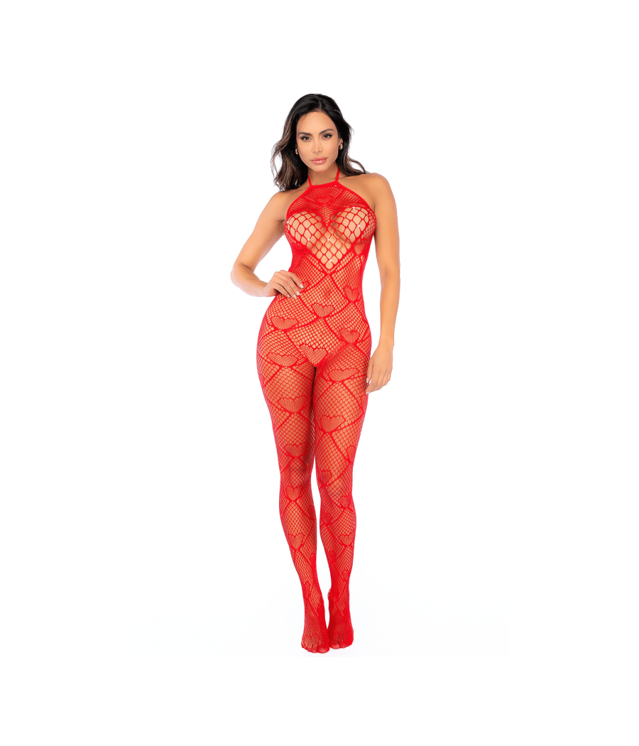 Bodystocking en résille rouge à motif cœur, orné de strass, ouvert à l’entrejambe - Mapalé