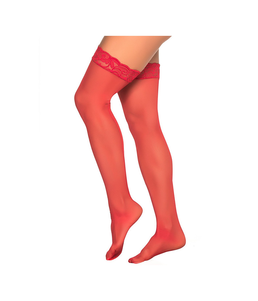 Bas nylon rouges autofixants jarretières dentelle 