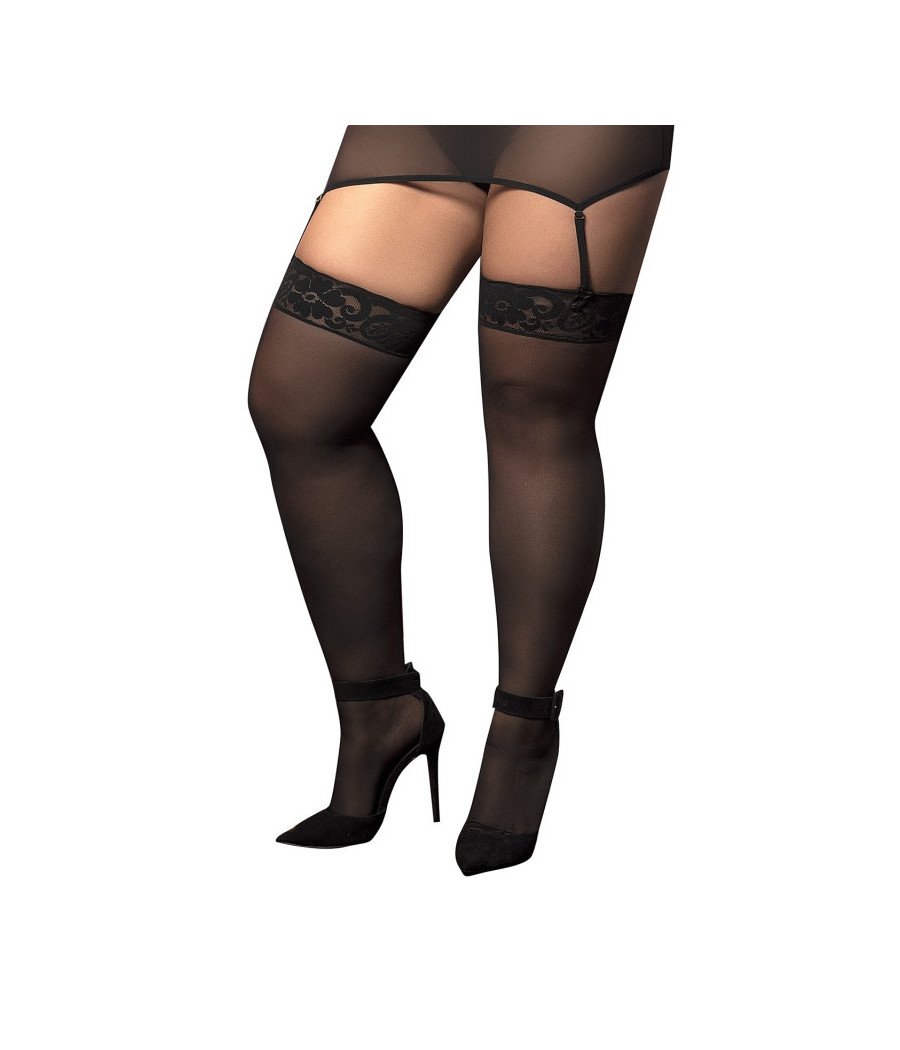 Bas nylon noirs autofixants, grande taille,  jarretières dentelle 