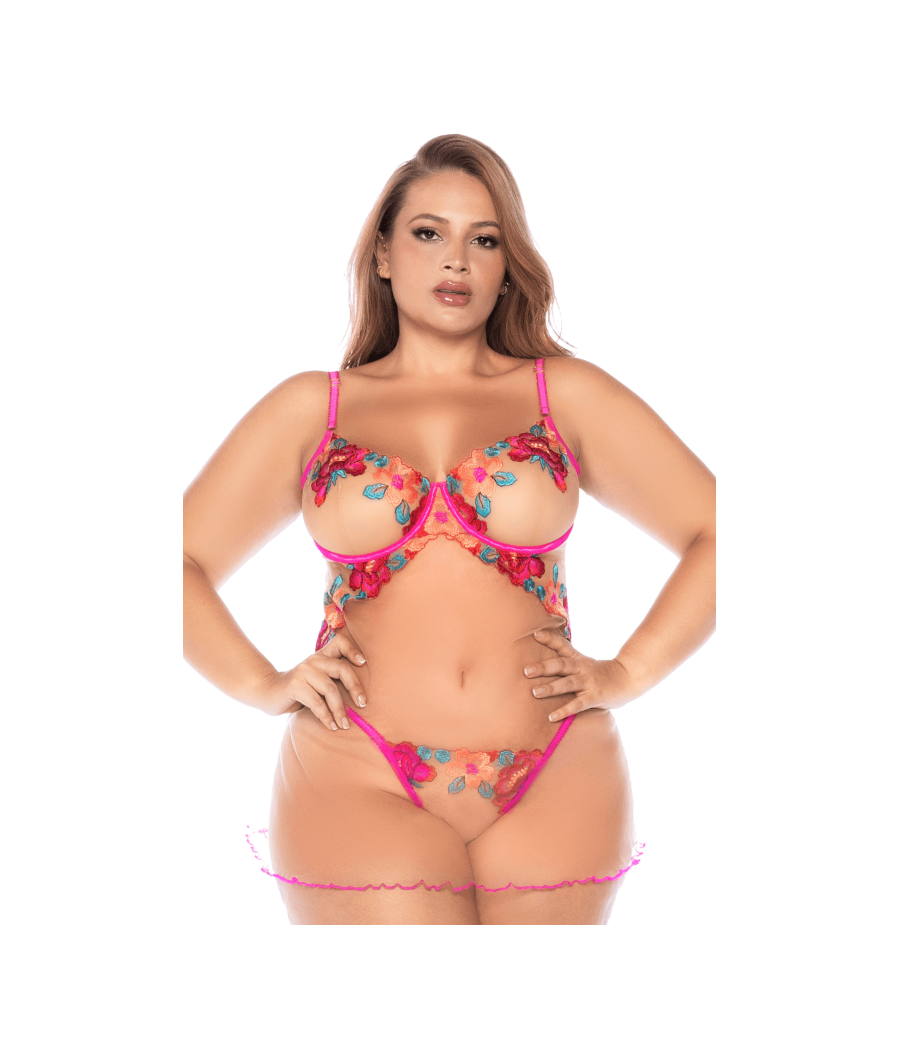 Nuisette grande taille en résille et dentelle florale rose et string assorti