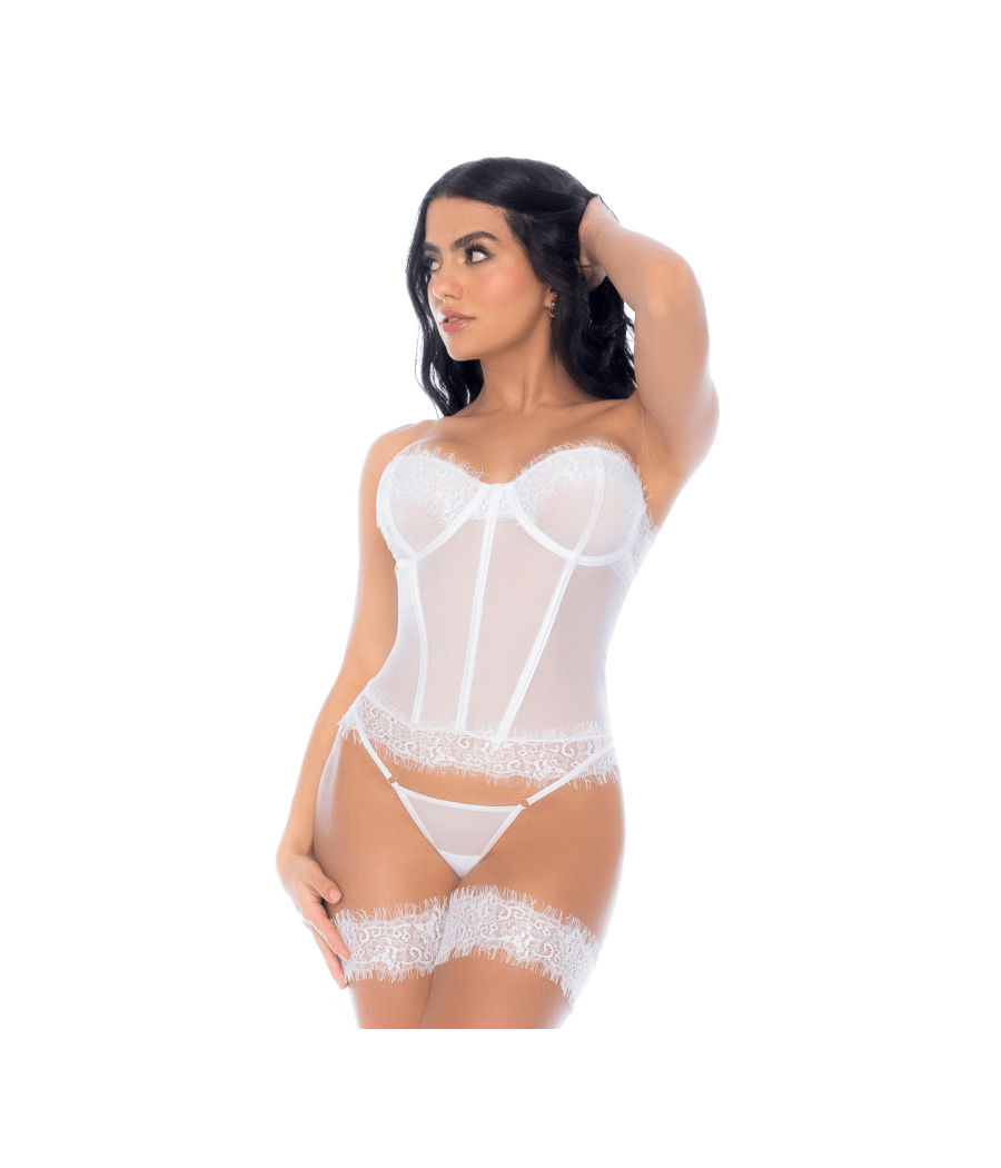 Ensemble 4 pièces blanc, bustier, string et 2 jarretières 