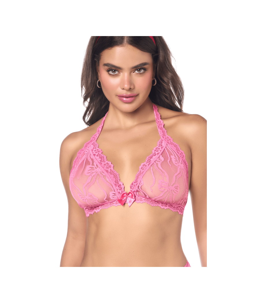 Ensemble sexy 2 pièces rose en dentelle délicate avec haut et string assorti 