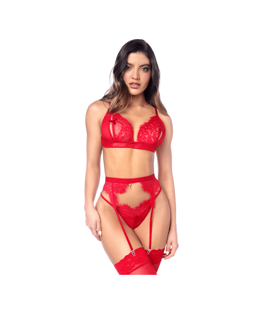 Ensemble sexy 3 pièces peek-a-boo en dentelle avec string et porte-jarretelles 