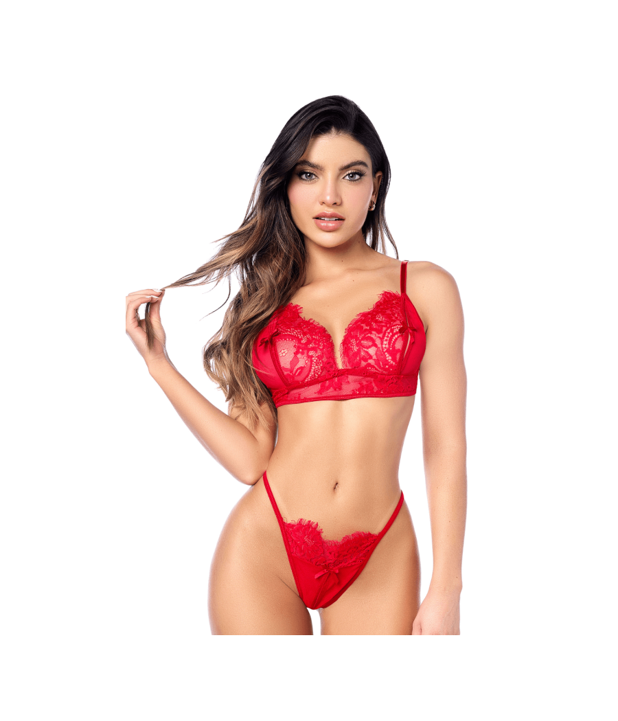 Ensemble sexy 3 pièces peek-a-boo en dentelle avec string et porte-jarretelles 