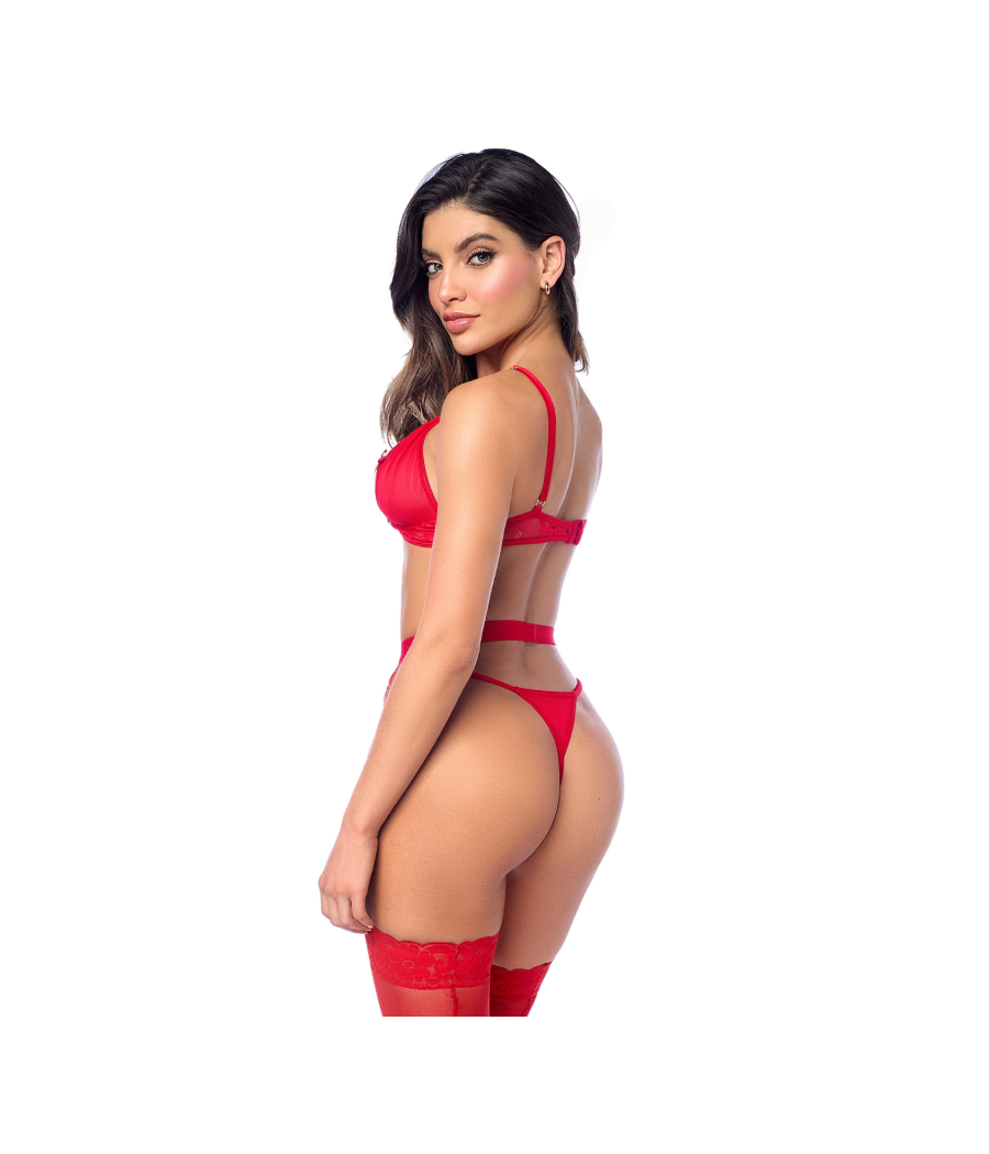 Ensemble sexy 3 pièces peek-a-boo en dentelle avec string et porte-jarretelles 