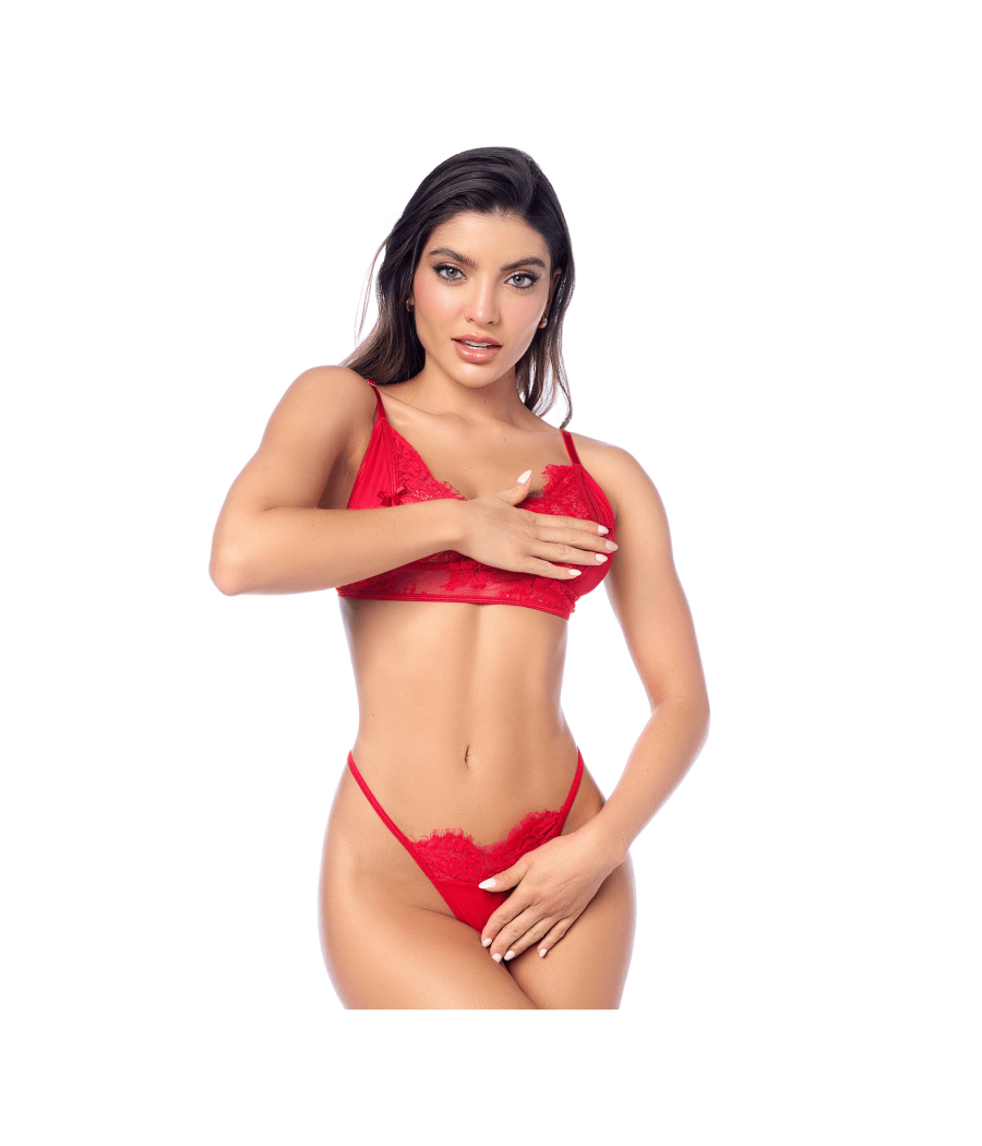 Ensemble sexy 3 pièces peek-a-boo en dentelle avec string et porte-jarretelles 