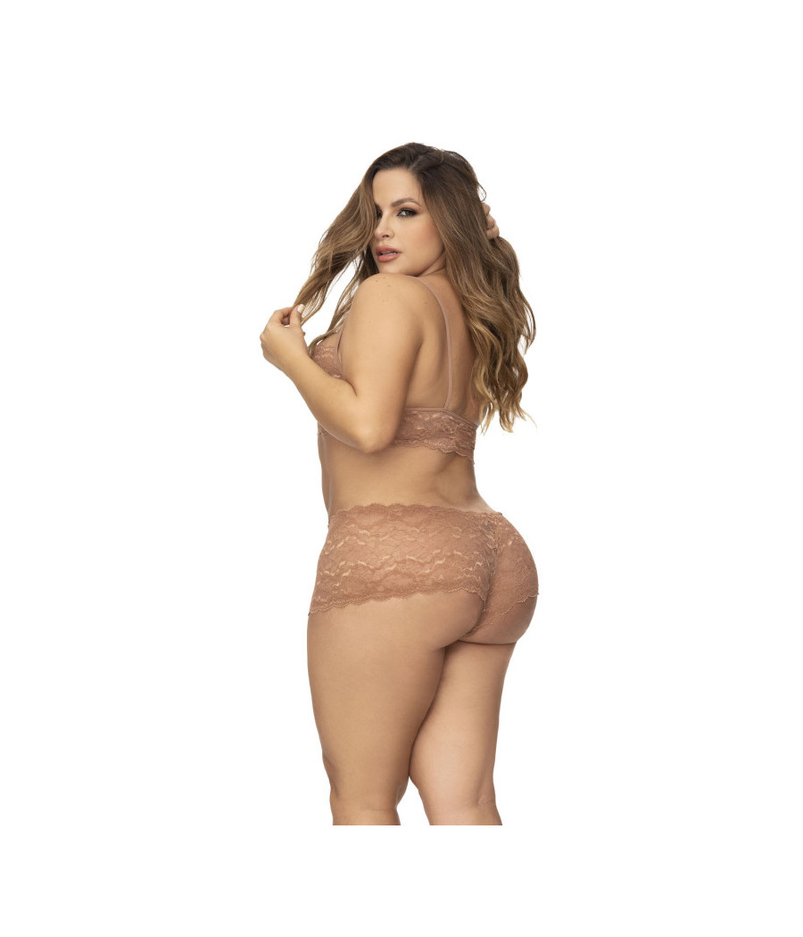 Ensemble 2 pièces en dentelle grande taille, top à bretelles et shorty couleur taupe 