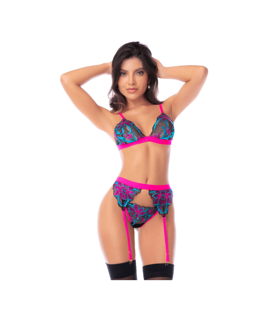 Ensemble lingerie 3 pièces bleu et rose brodé avec sequins – Mapalé
