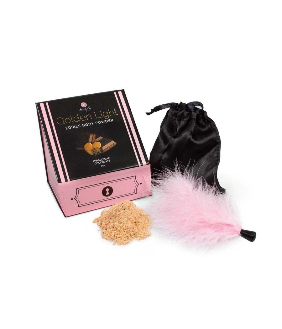 Poudre comestible chocolat aphrodisiaque et plumeau - Secret play