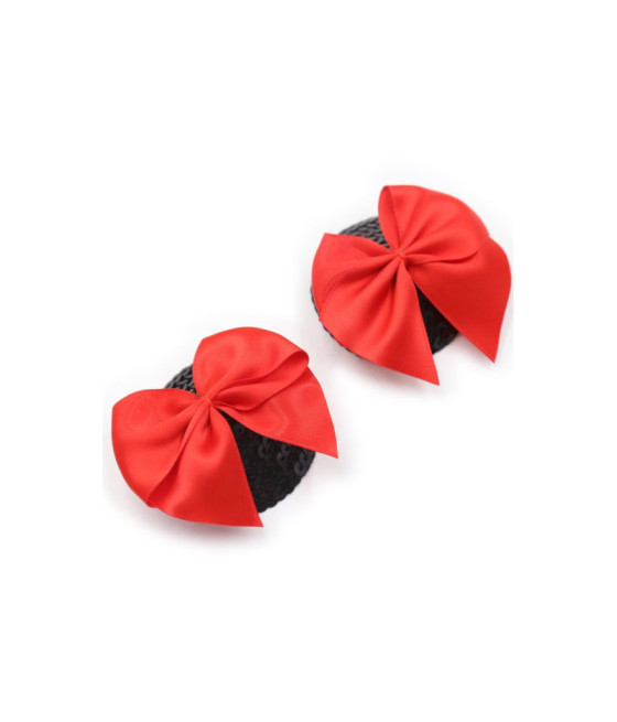 Paire de cache tétons adhésifs noir avec nœud papillon rouge 