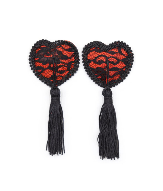 Paire de cache tétons adhésifs en forme de cœur avec dentelle noire et pompom 