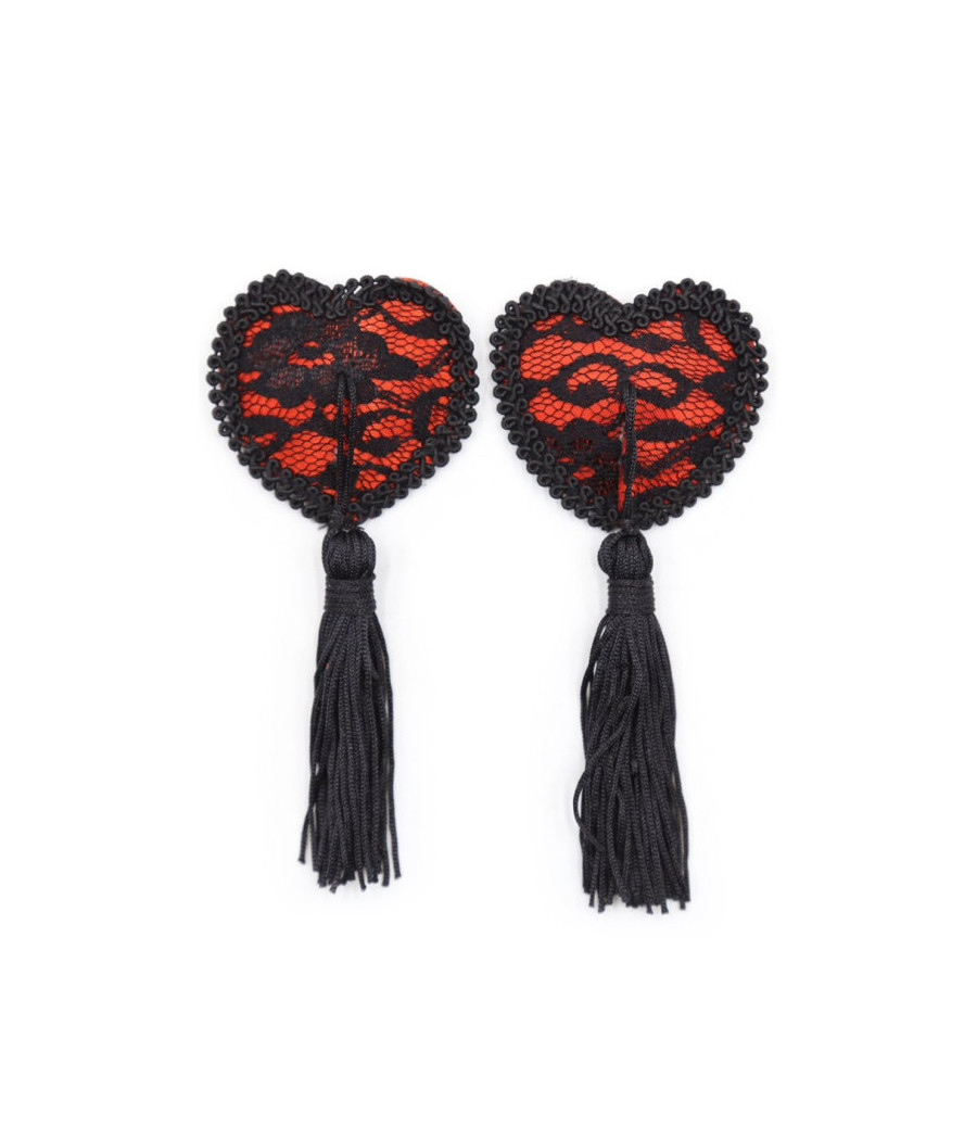 Paire de cache tétons adhésifs en forme de cœur avec dentelle noire et pompom 
