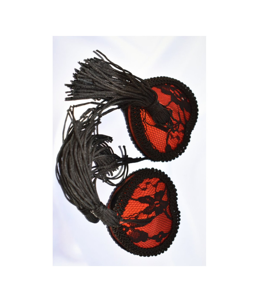 Paire de cache tétons adhésifs en forme de cœur avec dentelle noire et pompom 