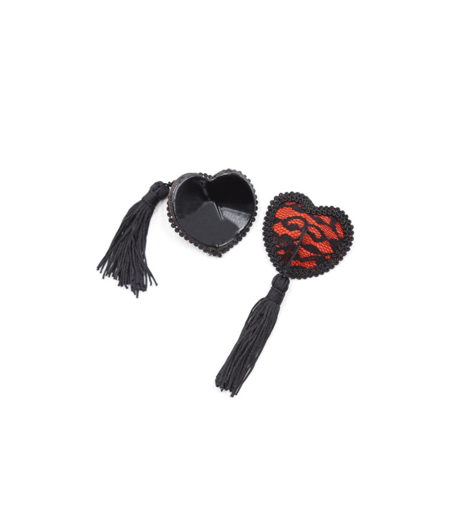 Paire de cache tétons adhésifs en forme de cœur avec dentelle noire et pompom 