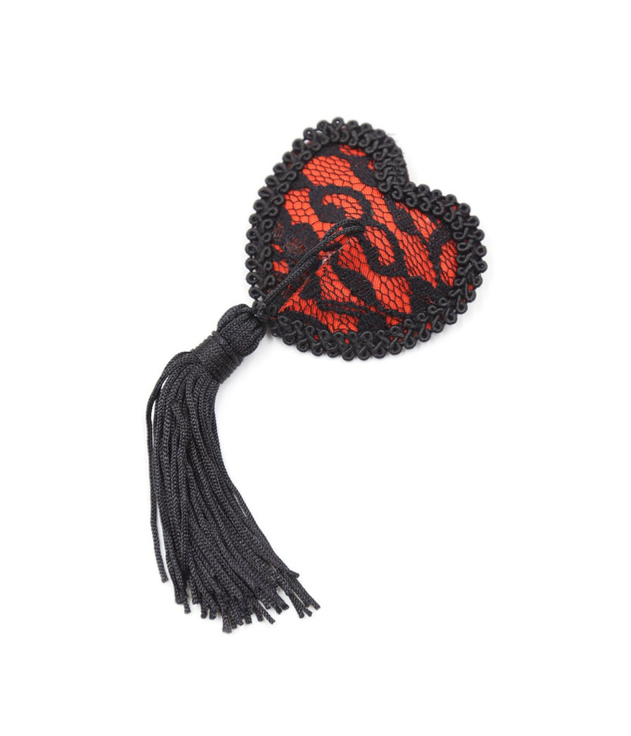 Paire de cache tétons adhésifs en forme de cœur avec dentelle noire et pompom 