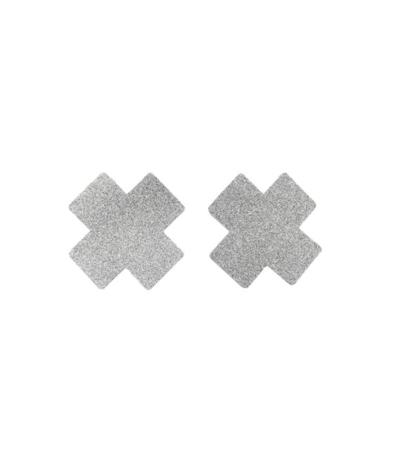 Paire de cache tétons adhésifs croix pailletée blanc 