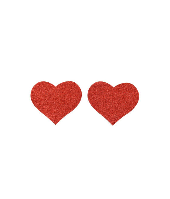 Paire de cache tétons adhésifs coeur pailleté rouge 