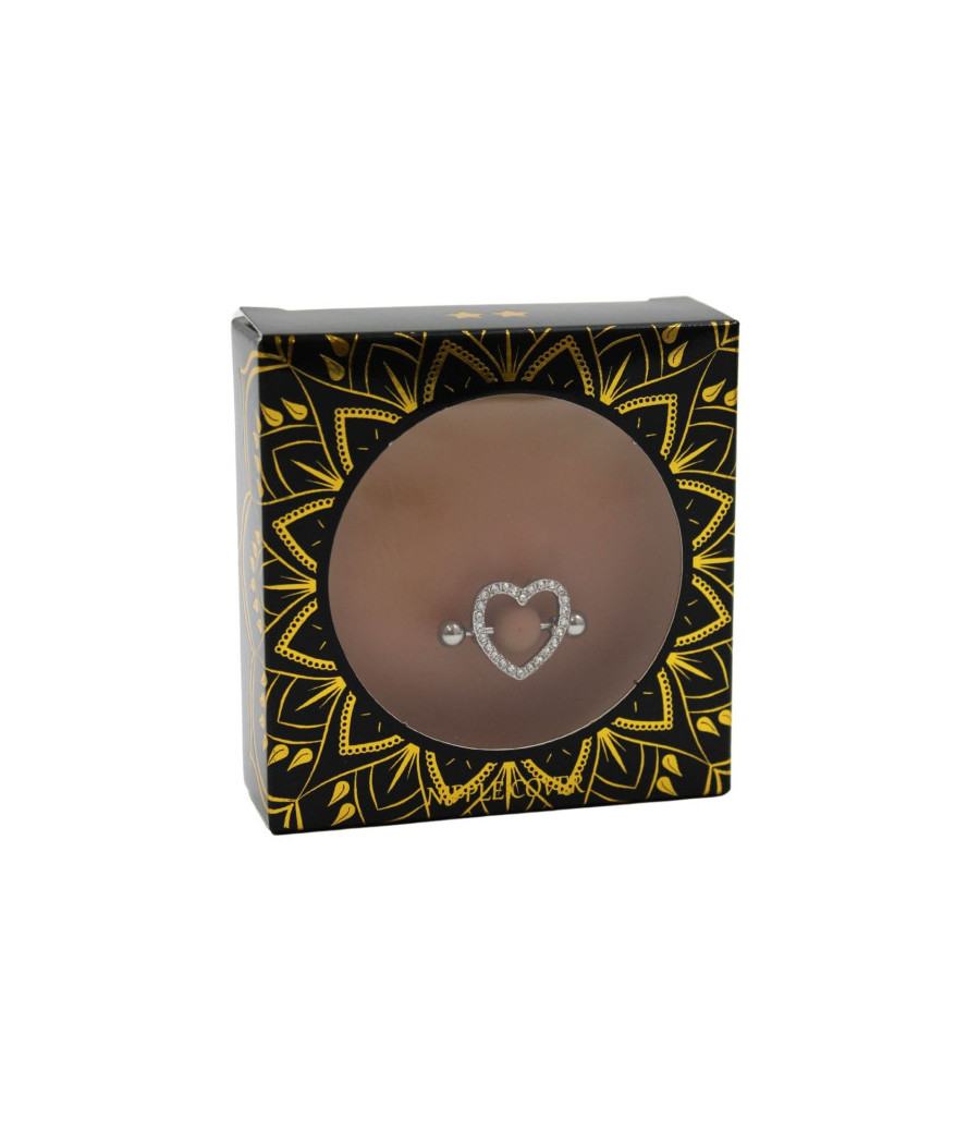 Paire de cache-tétons piercing barre coeur faux diamant peau métisse 