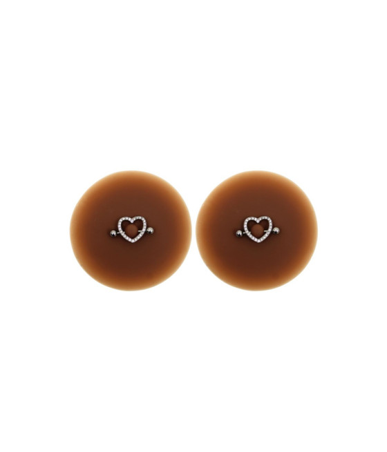Paire de cache-tétons piercing barre coeur faux diamant peau foncée 
