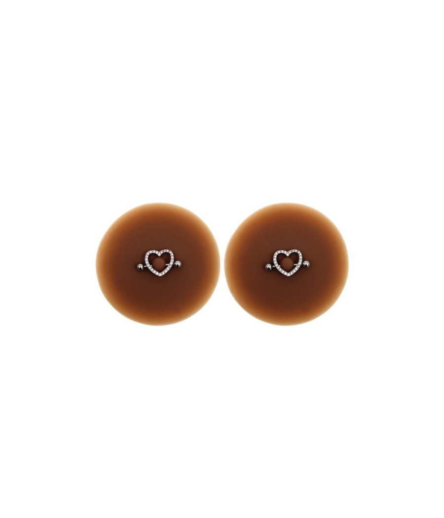 Paire de cache-tétons piercing barre coeur faux diamant peau foncée 