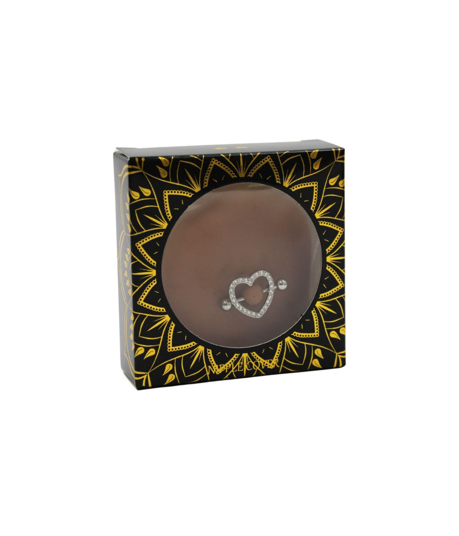 Paire de cache-tétons piercing barre coeur faux diamant peau foncée 