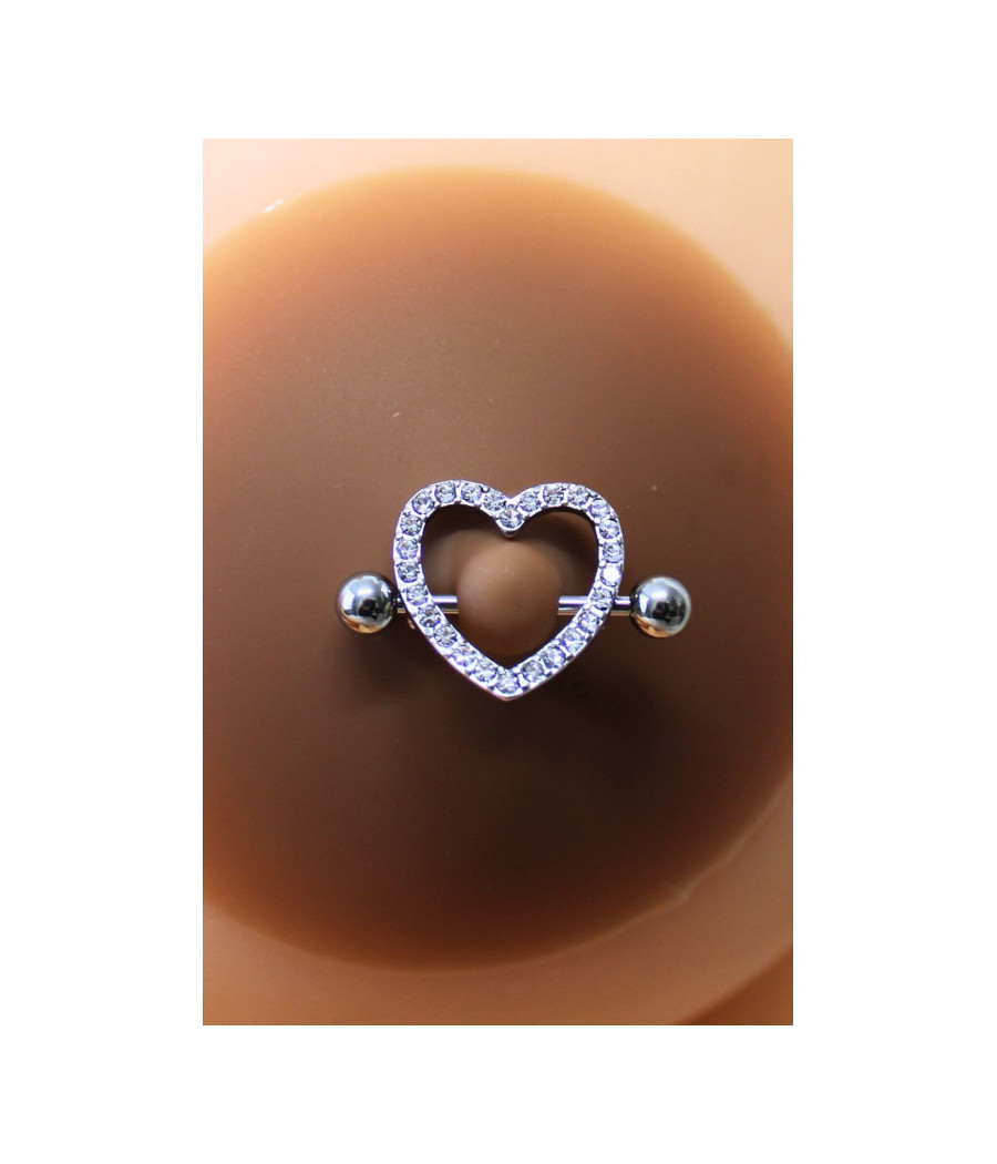 Paire de cache-tétons piercing barre coeur faux diamant peau foncée 