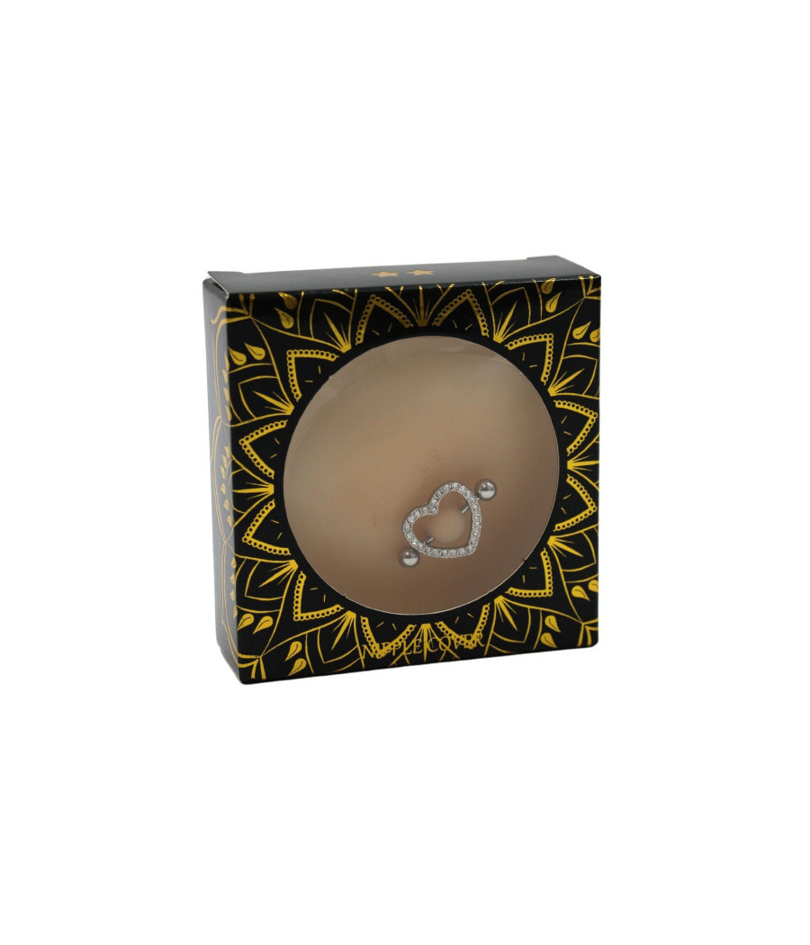 Paire de cache-tétons piercing barre coeur faux diamant peau claire 