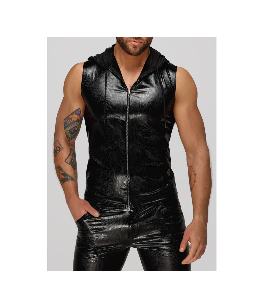 H066 Top zippé sans manches à capuche transparente, aspect serpent 