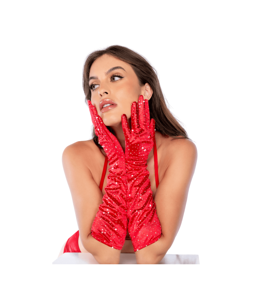 Une paire de gants satinés rouges avec strass - Mapalé