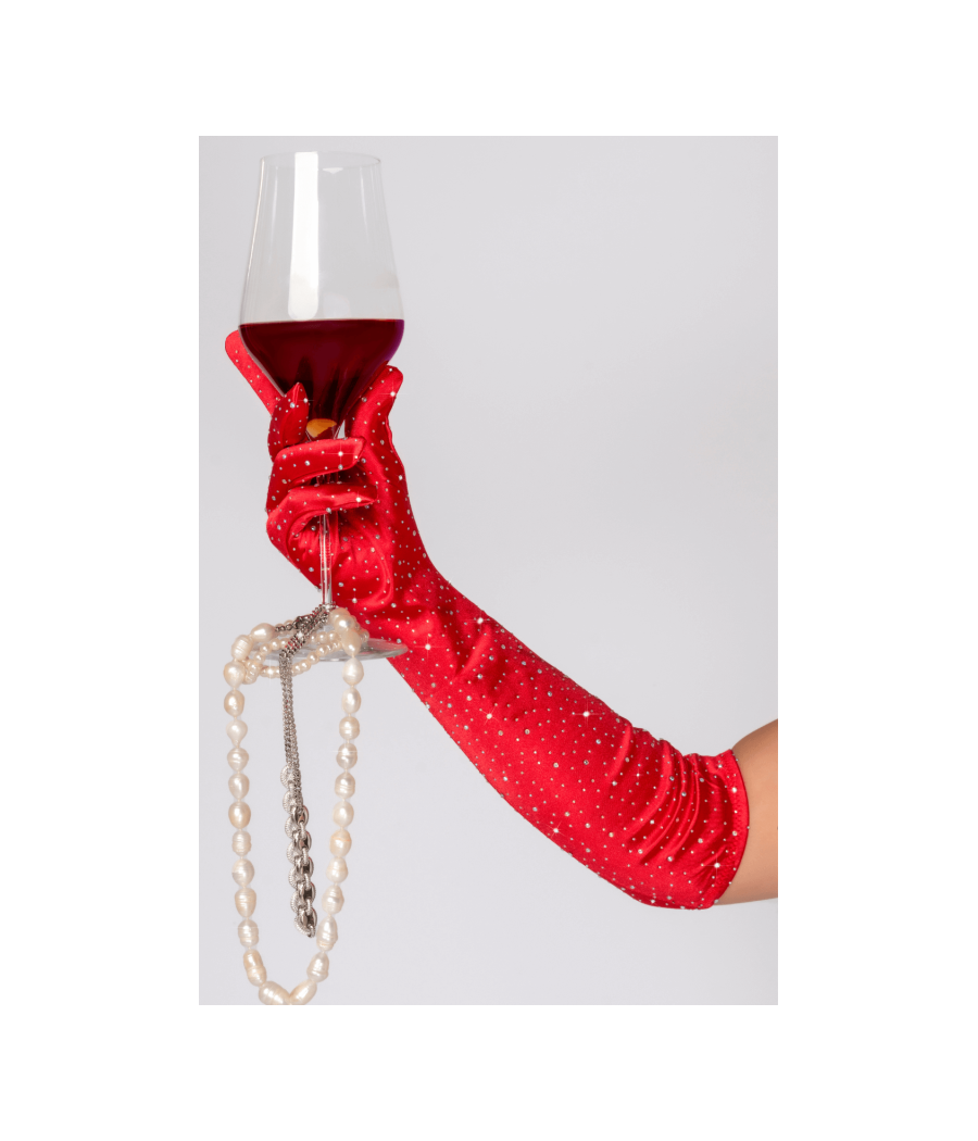 Une paire de gants satinés rouges avec strass - Mapalé