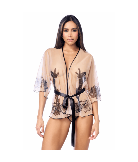 Peignoir sexy en résille imprimée transparente avec string 