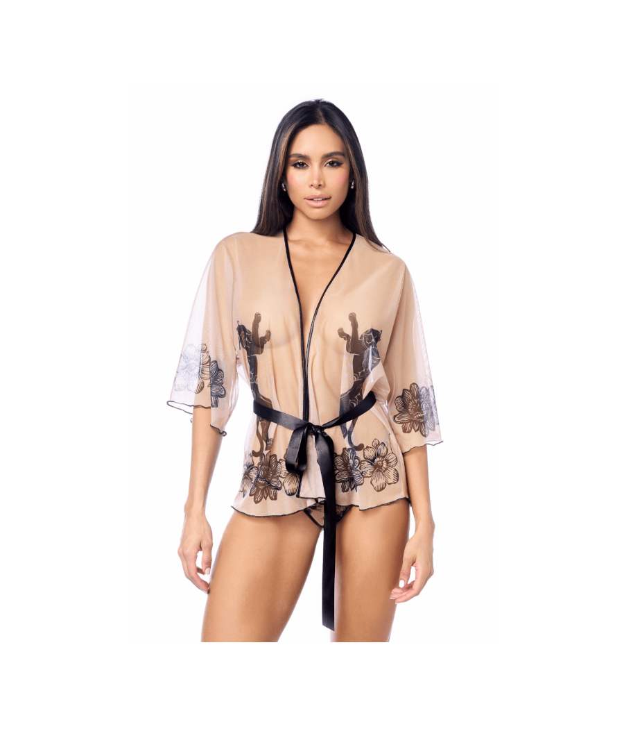 Peignoir sexy en résille imprimée transparente avec string 