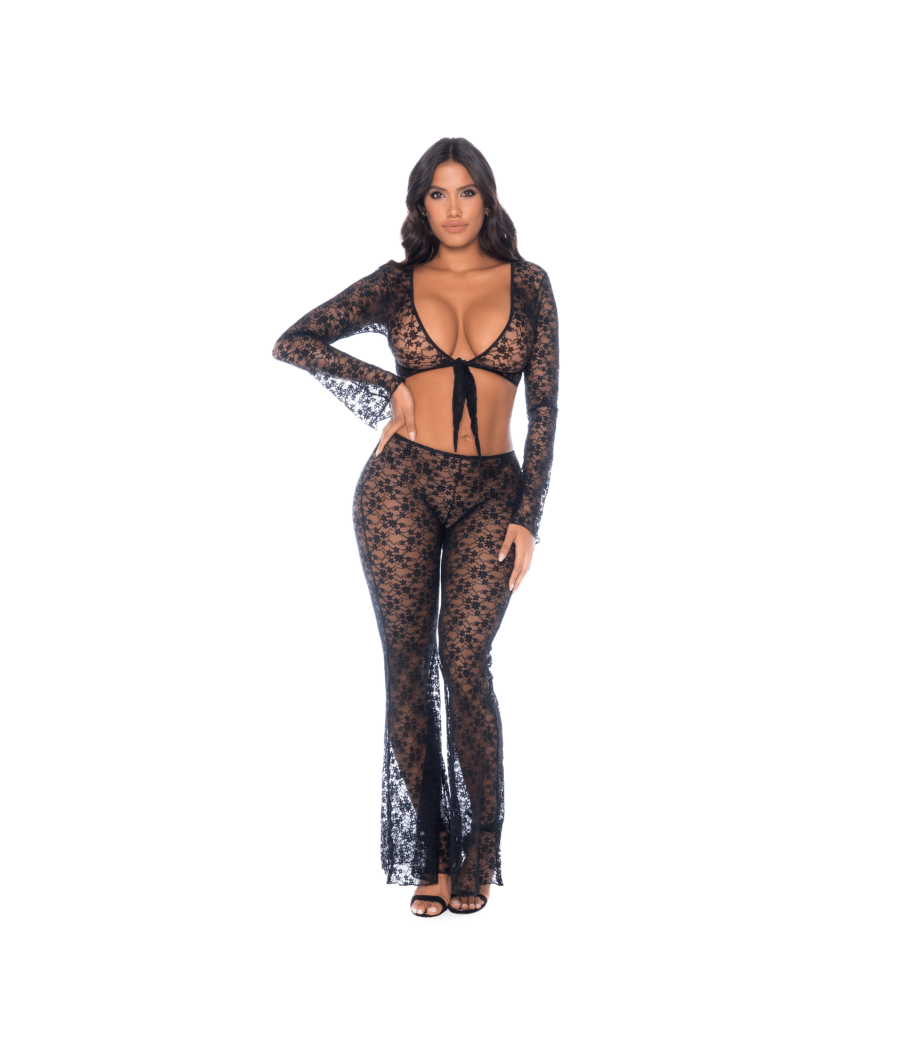 Top et pantalon en dentelle florale noire 