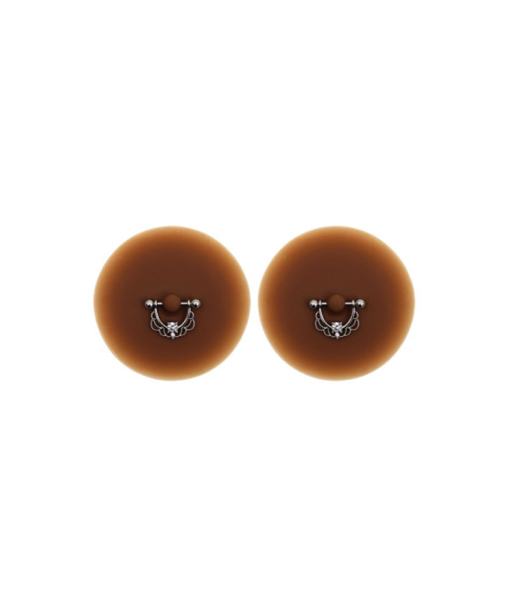 Paire de cache-tétons piercing barre demi-anneau faux diamant peau foncée 