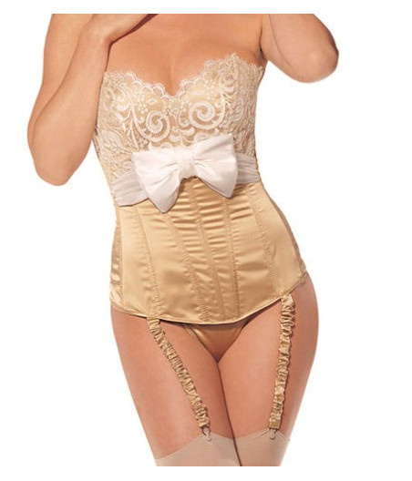 Bustier top satiné champagne noeud et dentelle
